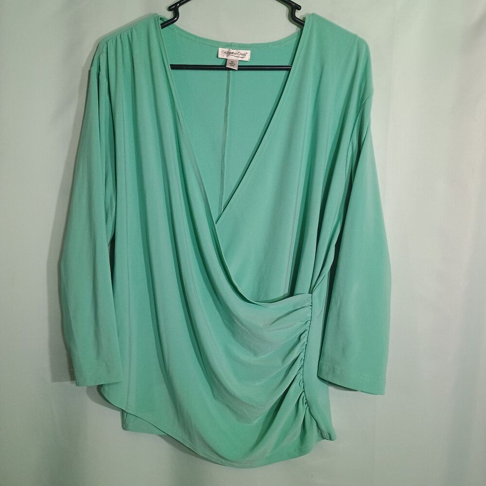 Mint Green Wrap Style Blouse Women Long Sleeve Ruched Side Flowy V Neck Shirt
